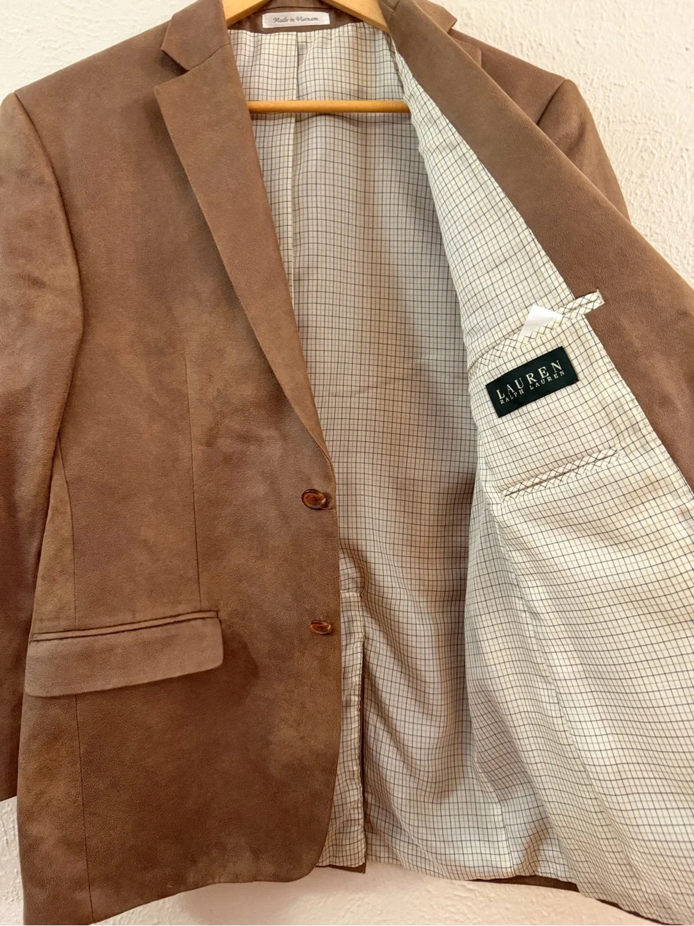 LRL ultra suede taupe brown lined suit coat